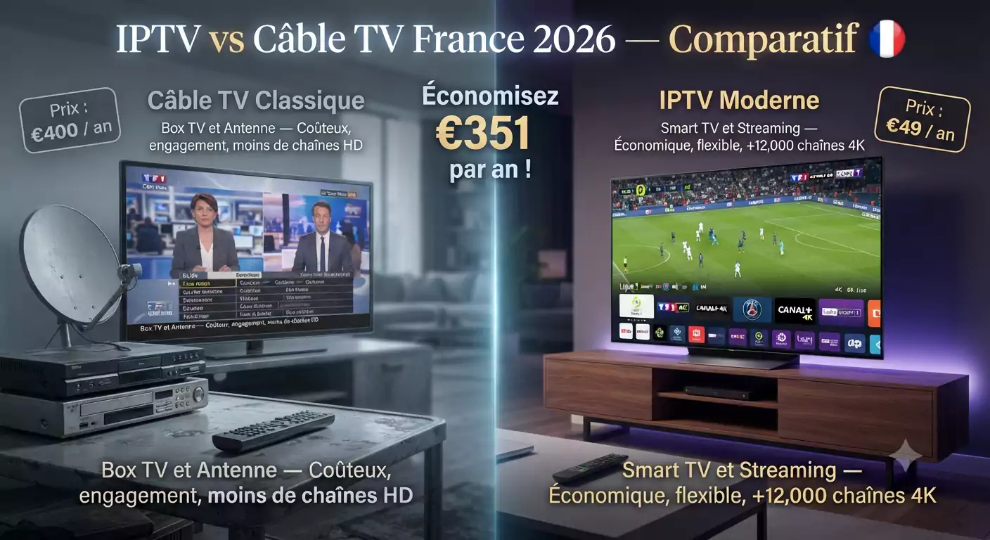 IPTV 12 Mois vs TV C&acirc;ble France &mdash; Comparatif 2026 | Abonnement IPTV 12 Mois Smart TV